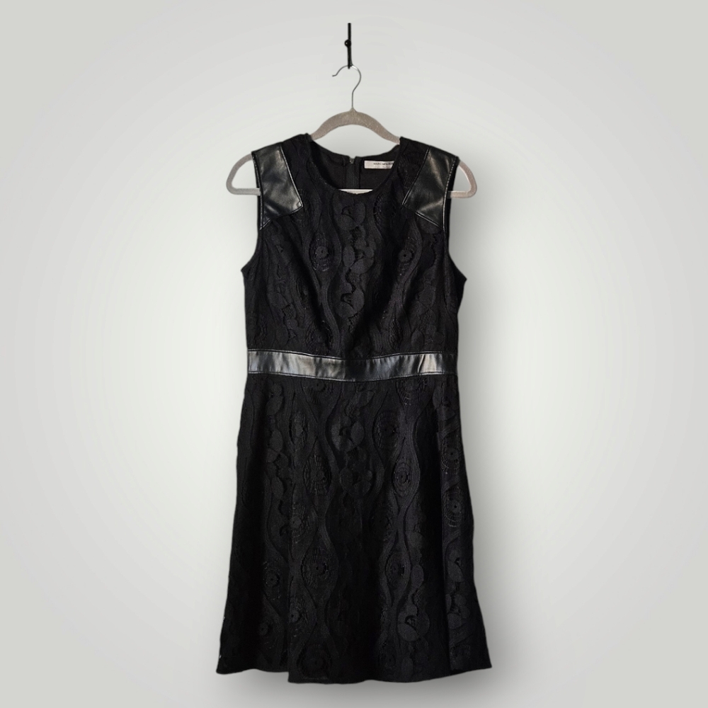 Marc New York Dress Womens 10 Black Lace Sleeveless Faux Leather Trim A-Line